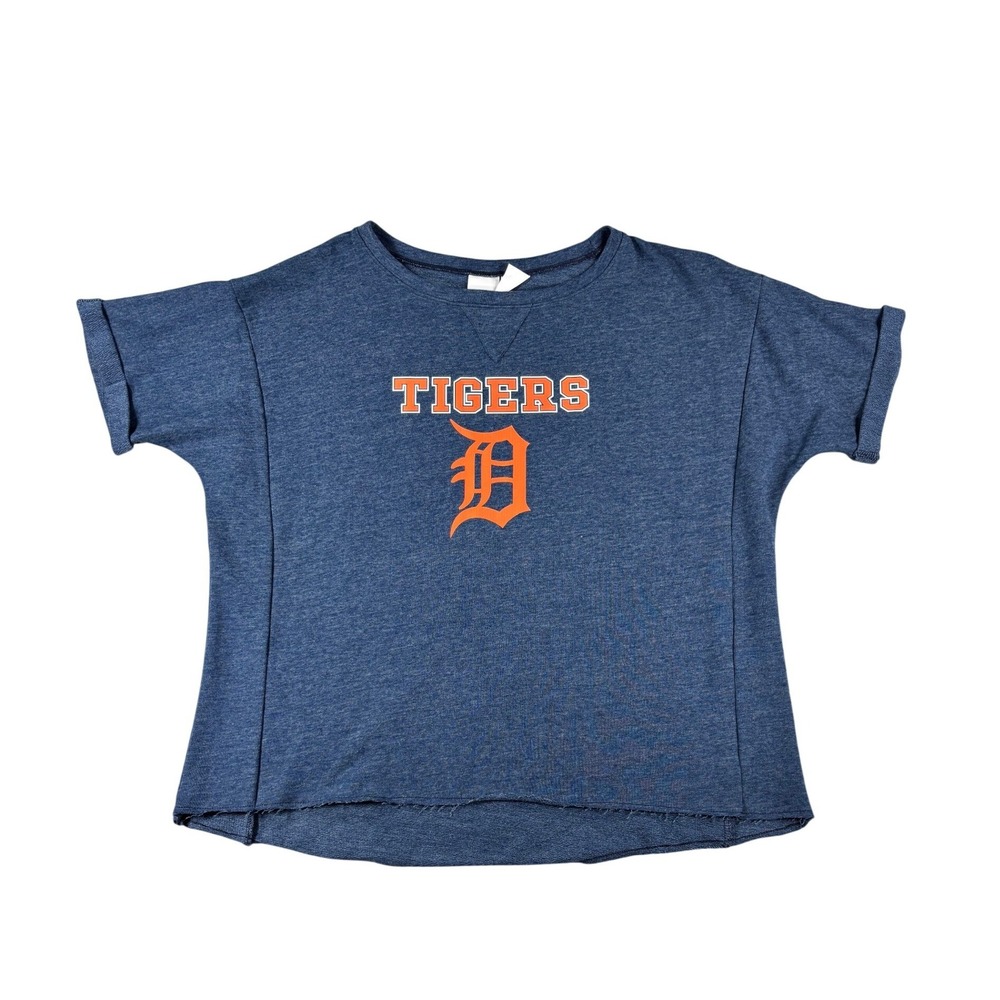 Detroit Tigers MLB Short Sleeve Sweatshirt Navy Blue Women XL Boxy Raw Hem